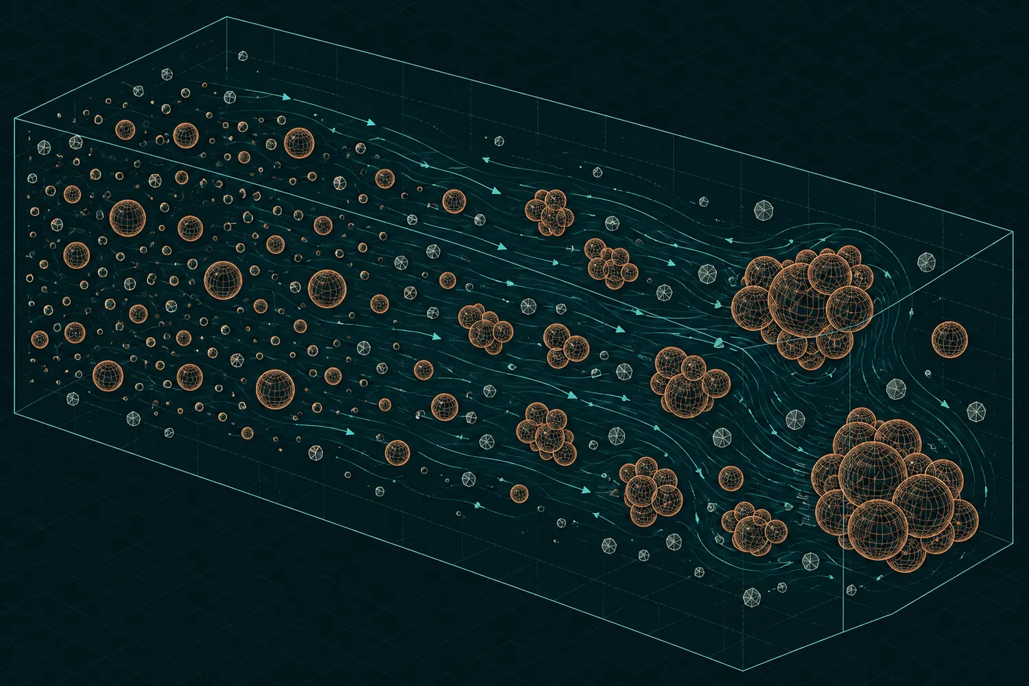 Ilustração em linhas técnicas: gotículas finas de óleo dispersas em água, que se agregam em flocos maiores ao longo do fluxo.