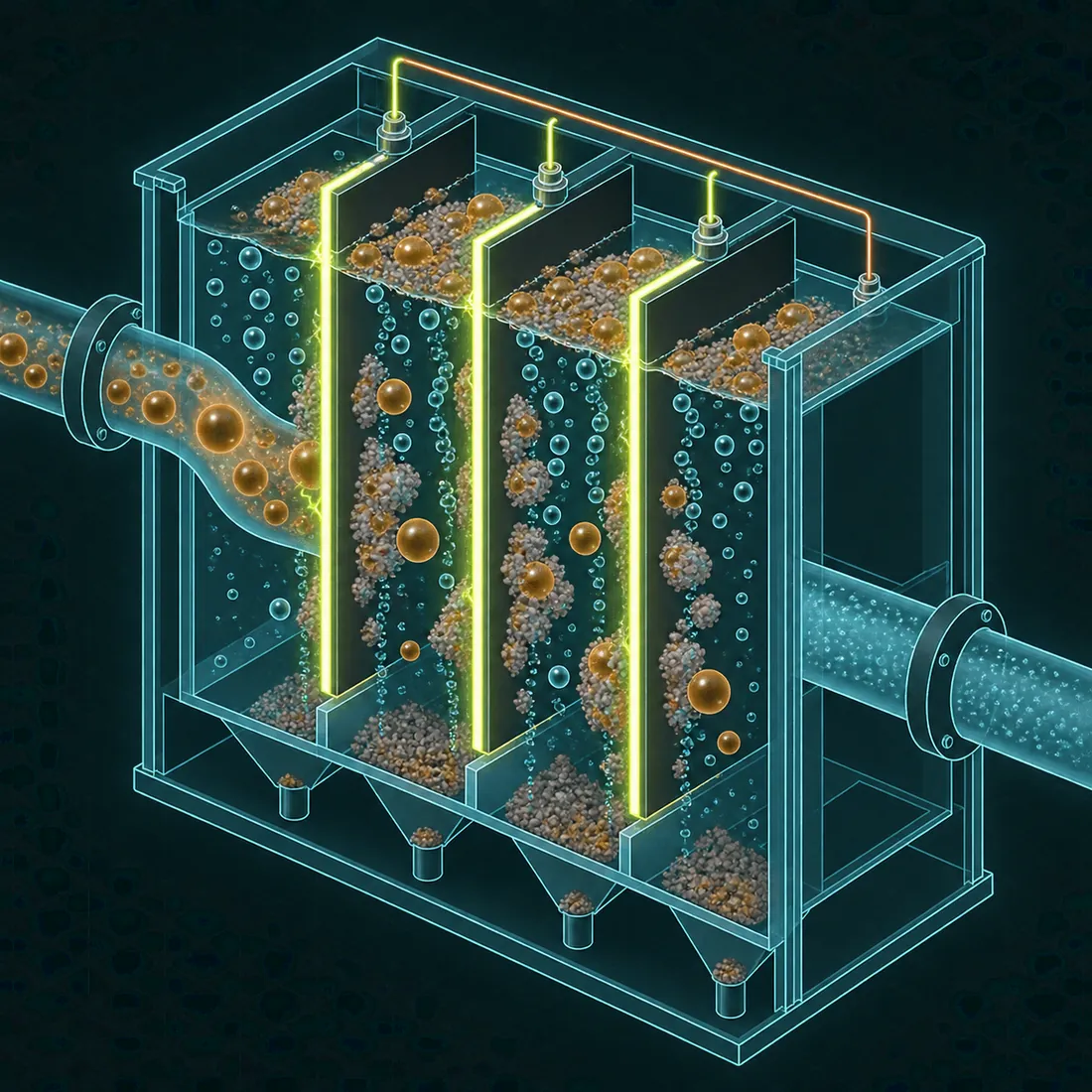 Ilustração em corte de um reator eletroquímico: placas-eletrodo energizadas, microbolhas subindo e flocos de óleo e sólidos em formação.