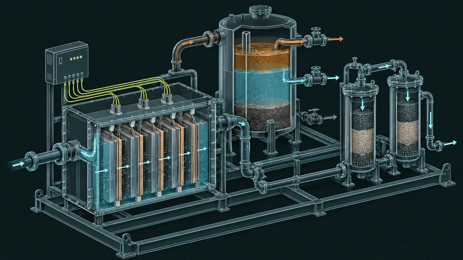 Ilustração isométrica de unidade de tratamento em skid: reator eletroquímico, vaso de separação de fases e colunas de filtração interligados.